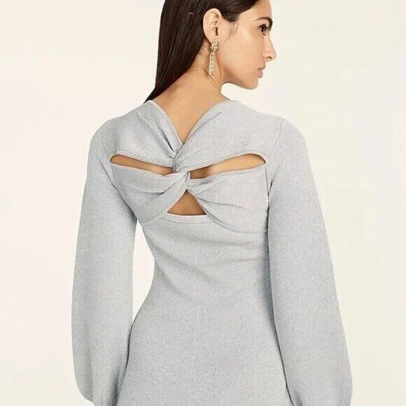New J Crew L Knit Dress Sweater Metallic Silver Long Sleeve Mini Balloon Sleeve - Picture 1 of 5
